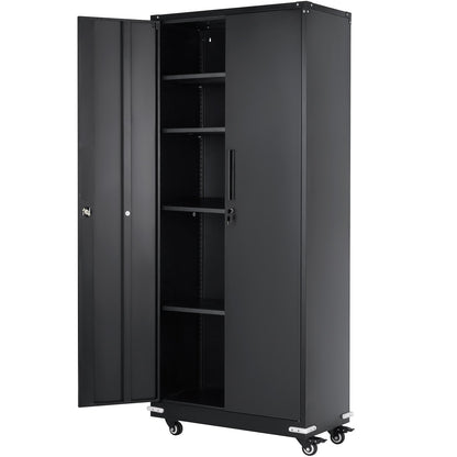 Metal Storage Cabinet with Wheels, 75 in Locking Cabinet with 4 Adjustable Shelves and 2 Magnetic Doors, 200 lbs Capacity Per Shelf, Metal Cabinet with 3 Keys for Office, Garage, Home, Black