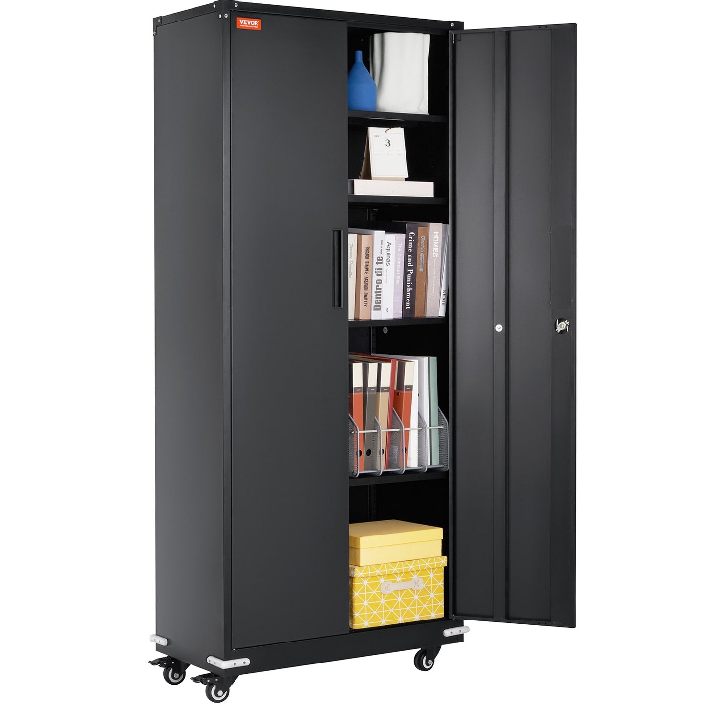 Metal Storage Cabinet with Wheels, 75 in Locking Cabinet with 4 Adjustable Shelves and 2 Magnetic Doors, 200 lbs Capacity Per Shelf, Metal Cabinet with 3 Keys for Office, Garage, Home, Black