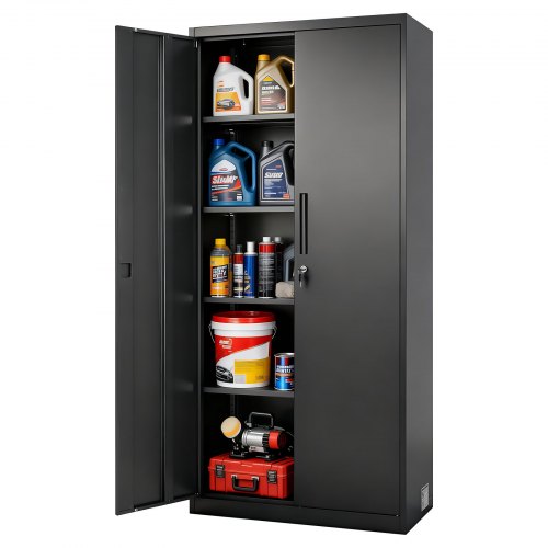 Metal Storage Cabinet, 68.9 in Lockable Steel Garage Cabinet with 4 Adjustable Shelves, 2 Magnetic Doors, 2 Keys, 5 Tiers Tool Storage for Pantry, Warehouse, Basement, Laundry, Office, Black