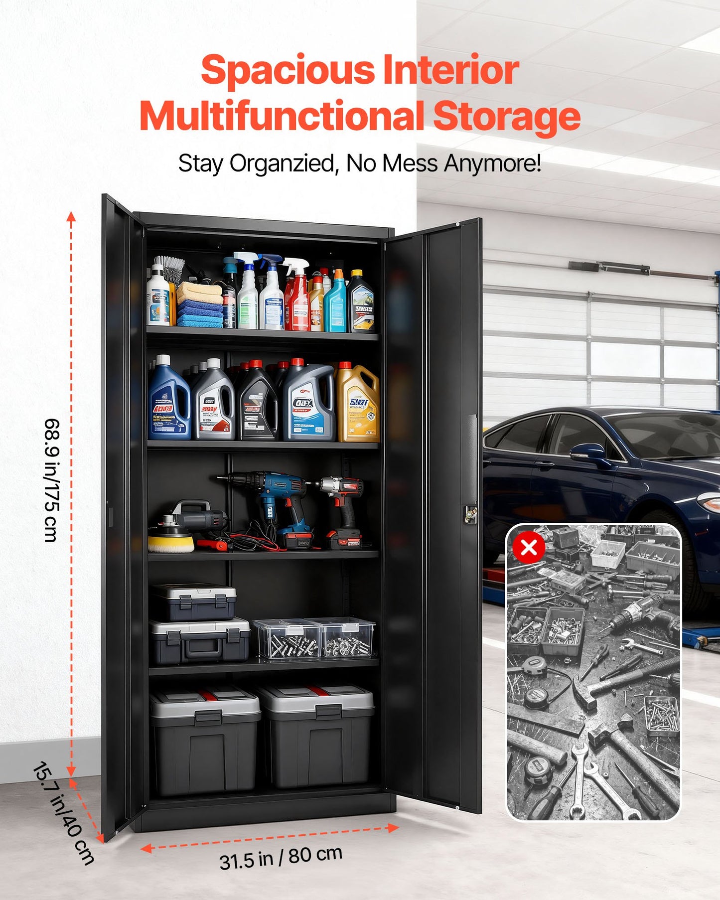 Metal Storage Cabinet, 68.9 in Lockable Steel Garage Cabinet with 4 Adjustable Shelves, 2 Magnetic Doors, 2 Keys, 5 Tiers Tool Storage for Pantry, Warehouse, Basement, Laundry, Office, Black
