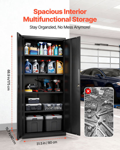 Metal Storage Cabinet, 68.9 in Lockable Steel Garage Cabinet with 4 Adjustable Shelves, 2 Magnetic Doors, 2 Keys, 5 Tiers Tool Storage for Pantry, Warehouse, Basement, Laundry, Office, Black