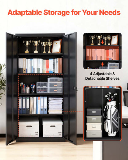 Metal Storage Cabinet, 68.9 in Lockable Steel Garage Cabinet with 4 Adjustable Shelves, 2 Magnetic Doors, 2 Keys, 5 Tiers Tool Storage for Pantry, Warehouse, Basement, Laundry, Office, Black