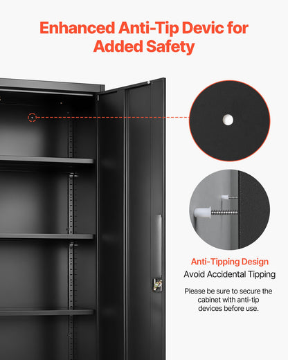 Metal Storage Cabinet, 68.9 in Lockable Steel Garage Cabinet with 4 Adjustable Shelves, 2 Magnetic Doors, 2 Keys, 5 Tiers Tool Storage for Pantry, Warehouse, Basement, Laundry, Office, Black