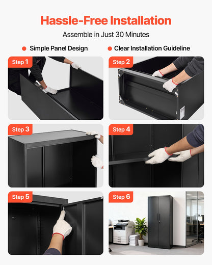 Metal Storage Cabinet, 68.9 in Lockable Steel Garage Cabinet with 4 Adjustable Shelves, 2 Magnetic Doors, 2 Keys, 5 Tiers Tool Storage for Pantry, Warehouse, Basement, Laundry, Office, Black