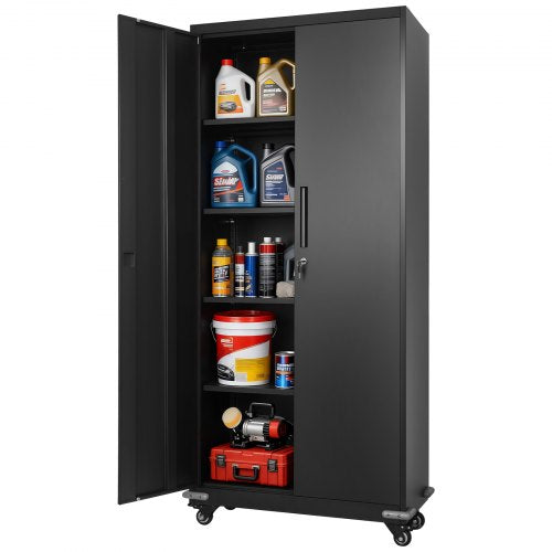 Metal Storage Cabinet, 72.6 in Rolling Steel Garage Cabinet with 4 Adjustable Shelves, 2 Magnetic Doors & 2 Keys, 5 Tiers Lockable Tool Storage for Pantry, Warehouse, Basement, Office, Black