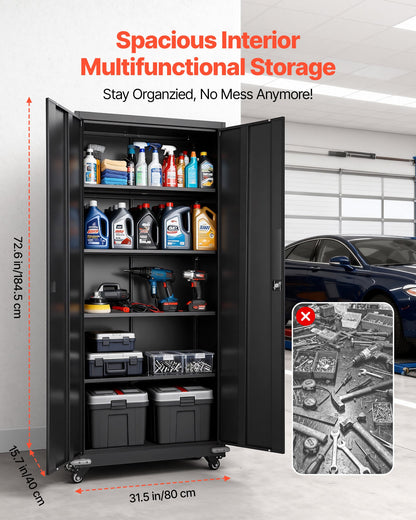 Metal Storage Cabinet, 72.6 in Rolling Steel Garage Cabinet with 4 Adjustable Shelves, 2 Magnetic Doors & 2 Keys, 5 Tiers Lockable Tool Storage for Pantry, Warehouse, Basement, Office, Black