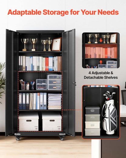 Metal Storage Cabinet, 72.6 in Rolling Steel Garage Cabinet with 4 Adjustable Shelves, 2 Magnetic Doors & 2 Keys, 5 Tiers Lockable Tool Storage for Pantry, Warehouse, Basement, Office, Black