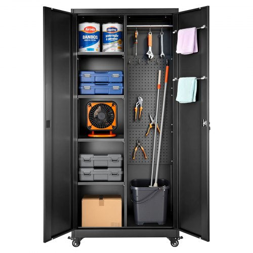 Metal Storage Cabinet, 70.6 in Rolling Steel Garage Cabinet with Adjustable Shelves, 2 Magnetic Doors, Hanging Rod & 3 Rod Hooks, 5 Tiers Lockable Tool Storage for Pantry, Warehouse, Basement
