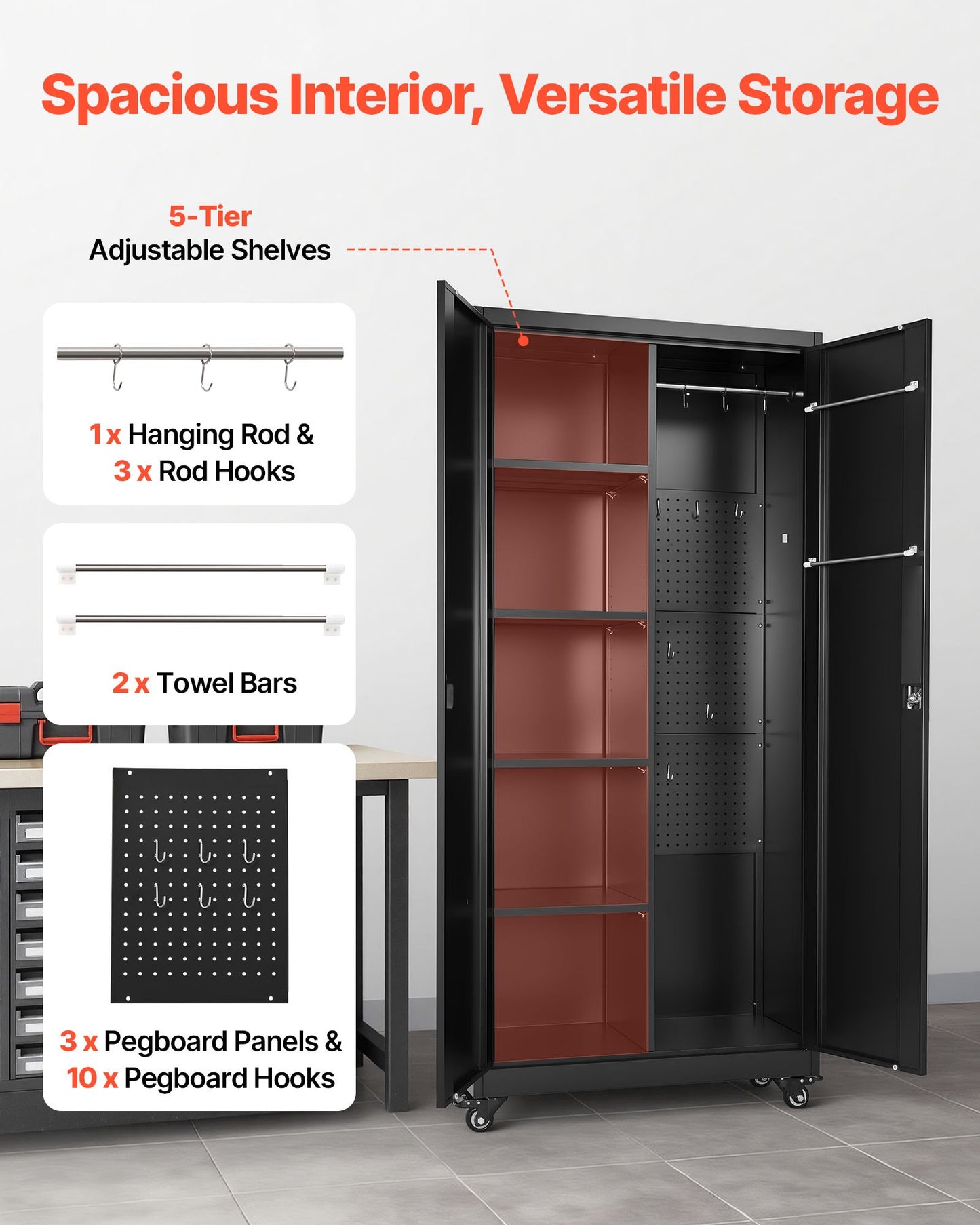 Metal Storage Cabinet, 70.6 in Rolling Steel Garage Cabinet with Adjustable Shelves, 2 Magnetic Doors, Hanging Rod & 3 Rod Hooks, 5 Tiers Lockable Tool Storage for Pantry, Warehouse, Basement