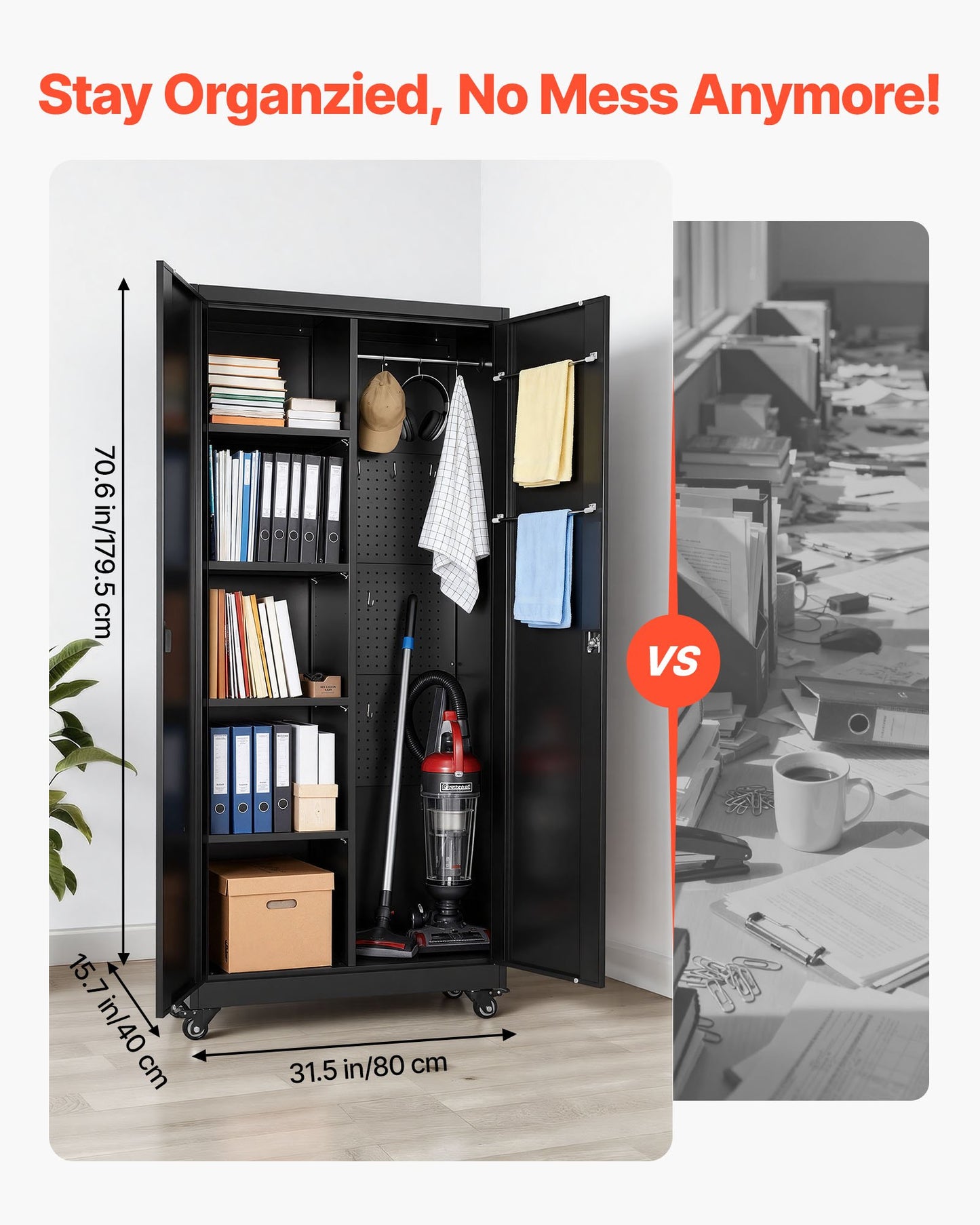 Metal Storage Cabinet, 70.6 in Rolling Steel Garage Cabinet with Adjustable Shelves, 2 Magnetic Doors, Hanging Rod & 3 Rod Hooks, 5 Tiers Lockable Tool Storage for Pantry, Warehouse, Basement