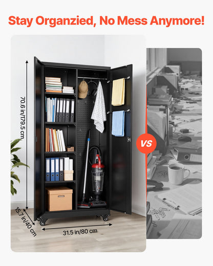 Metal Storage Cabinet, 70.6 in Rolling Steel Garage Cabinet with Adjustable Shelves, 2 Magnetic Doors, Hanging Rod & 3 Rod Hooks, 5 Tiers Lockable Tool Storage for Pantry, Warehouse, Basement