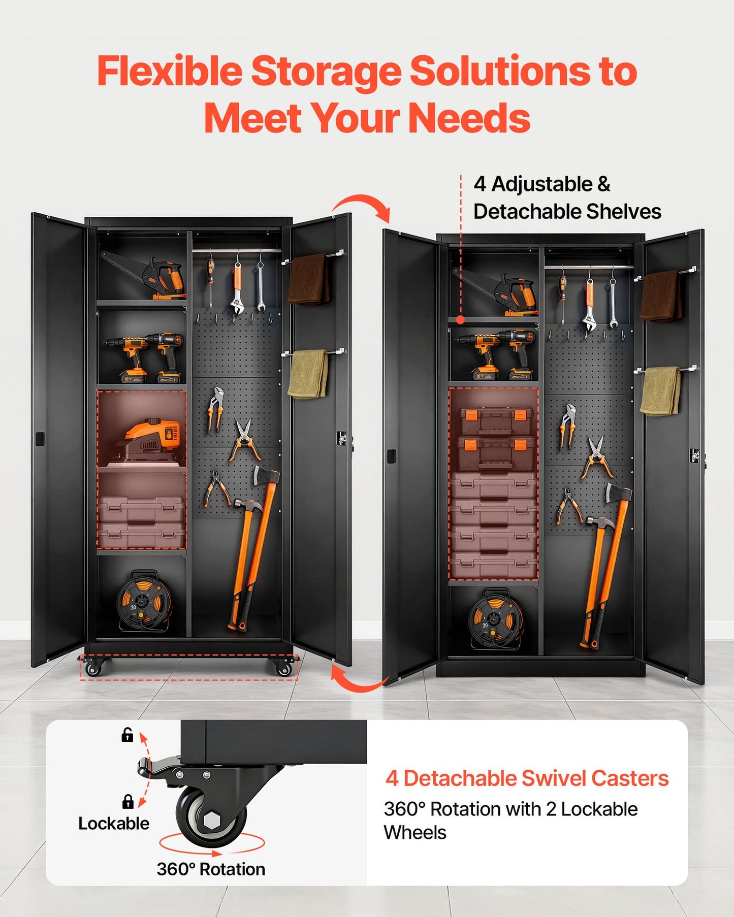 Metal Storage Cabinet, 70.6 in Rolling Steel Garage Cabinet with Adjustable Shelves, 2 Magnetic Doors, Hanging Rod & 3 Rod Hooks, 5 Tiers Lockable Tool Storage for Pantry, Warehouse, Basement