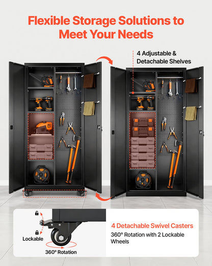 Metal Storage Cabinet, 70.6 in Rolling Steel Garage Cabinet with Adjustable Shelves, 2 Magnetic Doors, Hanging Rod & 3 Rod Hooks, 5 Tiers Lockable Tool Storage for Pantry, Warehouse, Basement