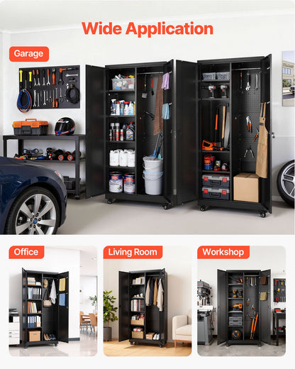 Metal Storage Cabinet, 70.6 in Rolling Steel Garage Cabinet with Adjustable Shelves, 2 Magnetic Doors, Hanging Rod & 3 Rod Hooks, 5 Tiers Lockable Tool Storage for Pantry, Warehouse, Basement