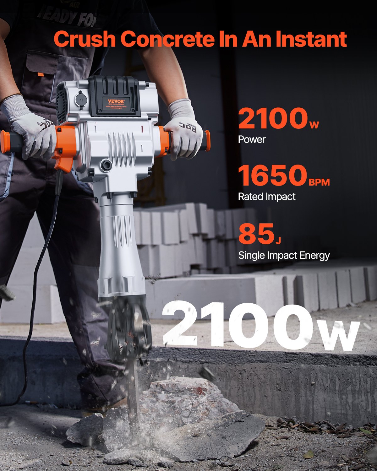 Demolition Jack Hammer, 2100W Electric Jackhammer Heavy Duty, 1650 BPM Industrial-Grade Jack Hammer Concrete Breaker, with 1 Point Chisel, 1 Flat Chisel, Gloves and Goggles