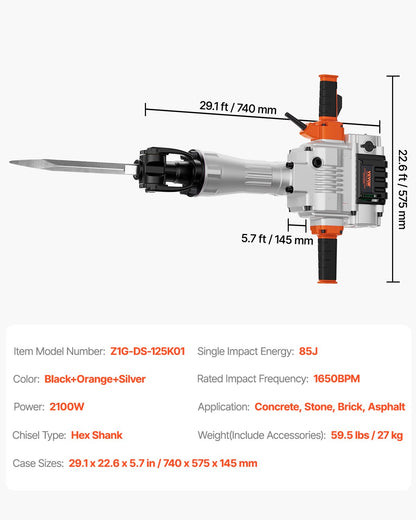 Demolition Jack Hammer, 2100W Electric Jackhammer Heavy Duty, 1650 BPM Industrial-Grade Jack Hammer Concrete Breaker, with 1 Point Chisel, 1 Flat Chisel, Gloves and Goggles