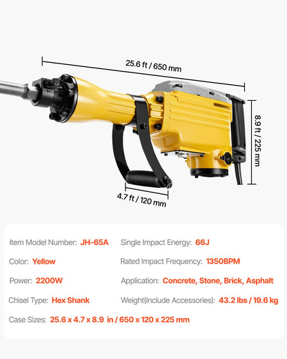 Demolition Jack Hammer, 2200W Electric Jackhammer Heavy Duty, 1350 BPM Jack Hammer Concrete Breaker, with 1 Point Chisel, 1 Flat Chisel, Storage Case, Gloves and Goggles, for Demolition