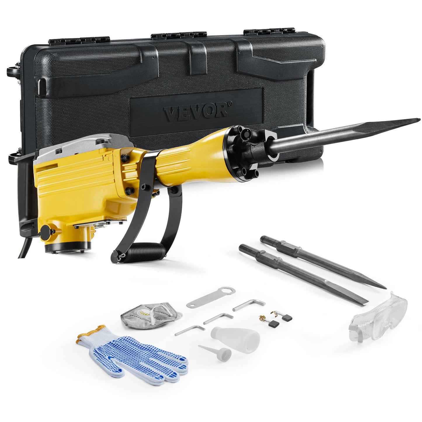Demolition Jack Hammer, 2200W Electric Jackhammer Heavy Duty, 1350 BPM Jack Hammer Concrete Breaker, with 1 Point Chisel, 1 Flat Chisel, Storage Case, Gloves and Goggles, for Demolition