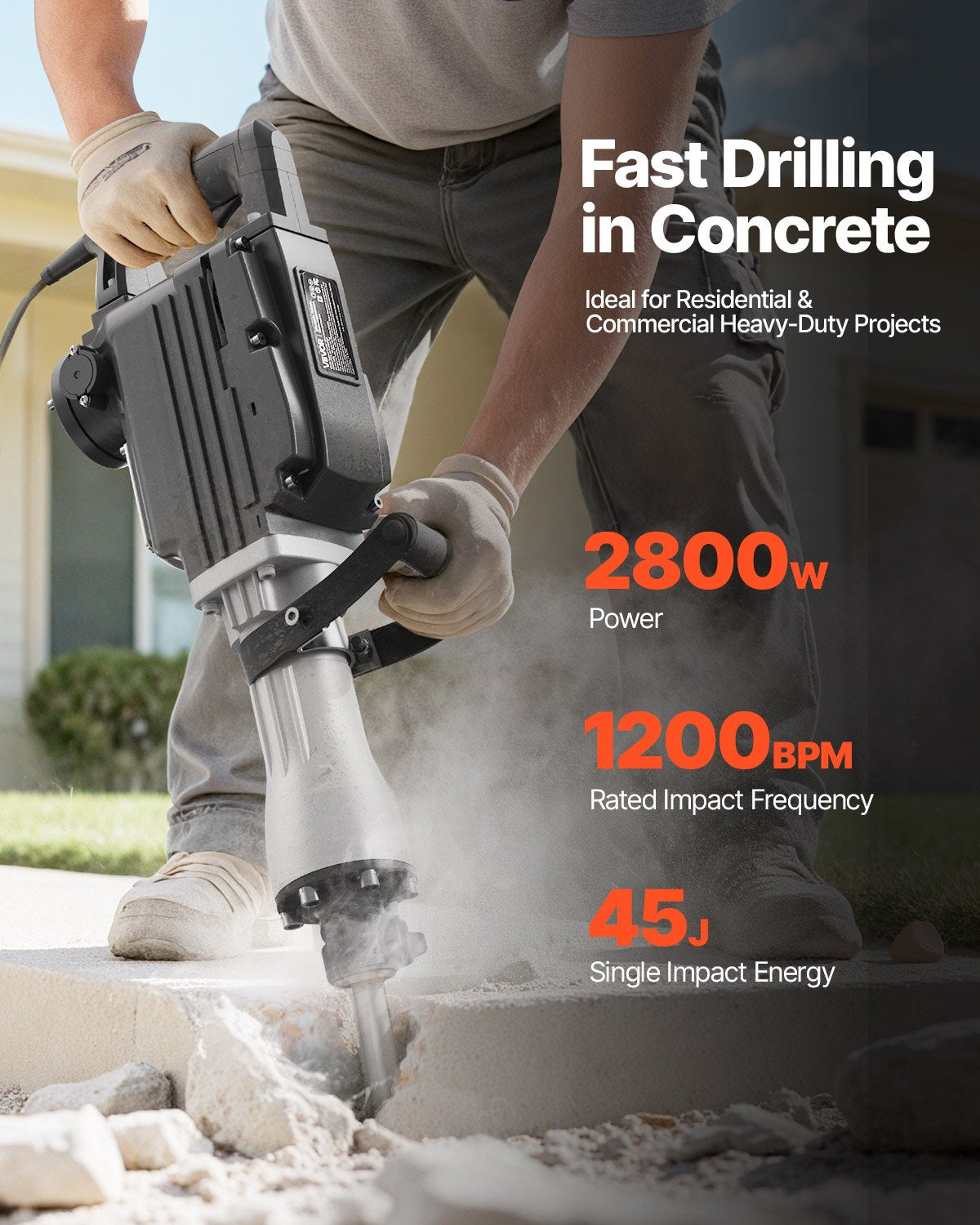 Demolition Jack Hammer, 2800 W Powerful Electric Jackhammer, 1200 BPM Concrete Breaker with 3 Chisels, a Clay Spade, Carrying Case, Gloves, for Concrete, Wall, Brick, Tile and Foundation