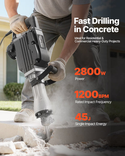 Demolition Jack Hammer, 2800 W Powerful Electric Jackhammer, 1200 BPM Concrete Breaker with a Point Chisel, a Flat Chisel, Carrying Case, Gloves, for Concrete, Wall, Brick, Tile and Foundation