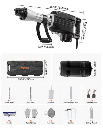 Demolition Jack Hammer, 2800 W Powerful Electric Jackhammer, 1200 BPM Concrete Breaker with a Point Chisel, a Flat Chisel, Carrying Case, Gloves, for Concrete, Wall, Brick, Tile and Foundation