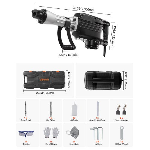 Rivningshammare, 2800 W kraftfull elektrisk tryckluftshammare, 1200 slag/min betongbrytare med spetsmejsel, plattmejsel, bärväska, handskar, för betong, vägg, tegel, kakel och grund |  EU