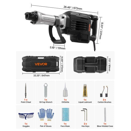 Rivningshammare, 3000 W kraftfull elektrisk tryckluftshammare, 1700 slag/min betongbrytare med spetsmejsel, bärväska, handskar, skyddsglasögon, för betong, vägg, tegel, kakel och grund |  EU