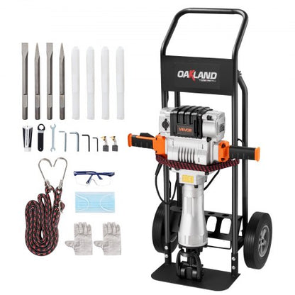 Demolition Jack Hammer, 2100 W Powerful Electric Jackhammer, 1650 BPM Concrete Breaker with 2 Point Chisels, 2 Flat Chisels, Hand Trolley, Gloves, for Concrete, Wall, Brick, Tile and Foundation