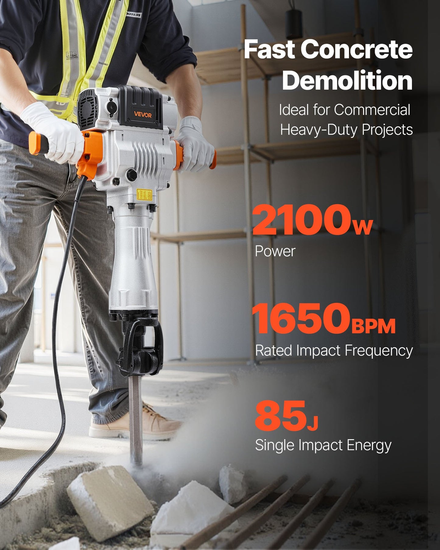 Demolition Jack Hammer, 2100 W Powerful Electric Jackhammer, 1650 BPM Concrete Breaker with 2 Point Chisels, 2 Flat Chisels, Hand Trolley, Gloves, for Concrete, Wall, Brick, Tile and Foundation