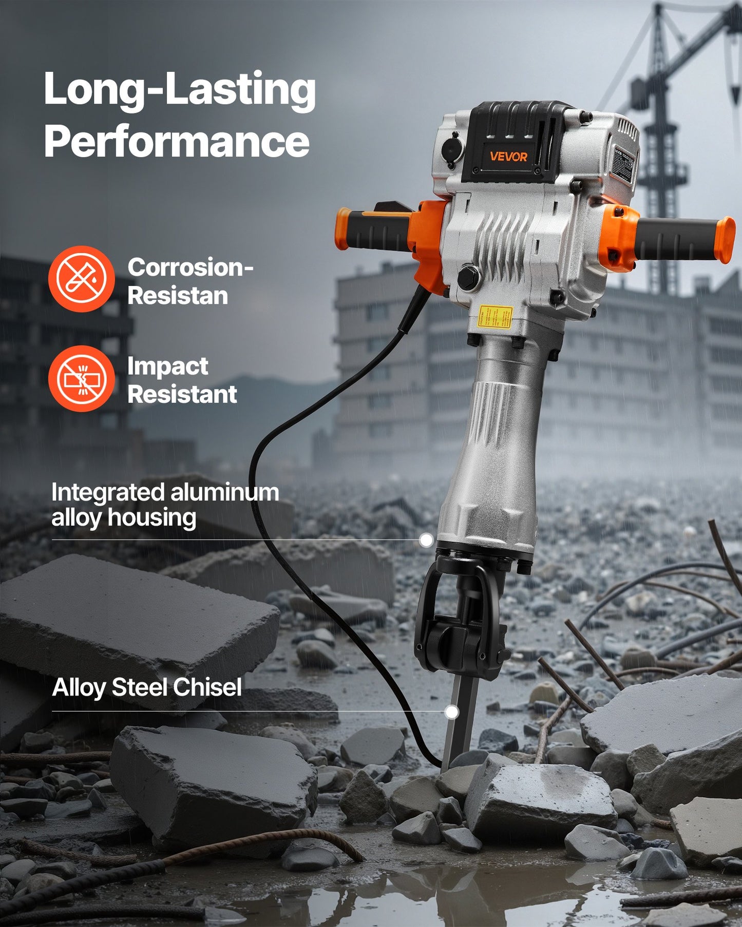 Demolition Jack Hammer, 2100 W Powerful Electric Jackhammer, 1650 BPM Concrete Breaker with 2 Point Chisels, 2 Flat Chisels, Hand Trolley, Gloves, for Concrete, Wall, Brick, Tile and Foundation