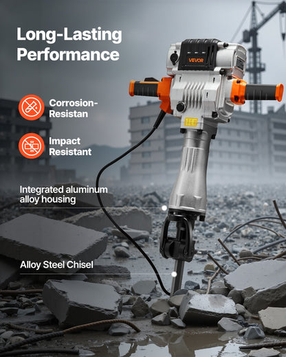 Demolition Jack Hammer, 2100 W Powerful Electric Jackhammer, 1650 BPM Concrete Breaker with 2 Point Chisels, 2 Flat Chisels, Hand Trolley, Gloves, for Concrete, Wall, Brick, Tile and Foundation