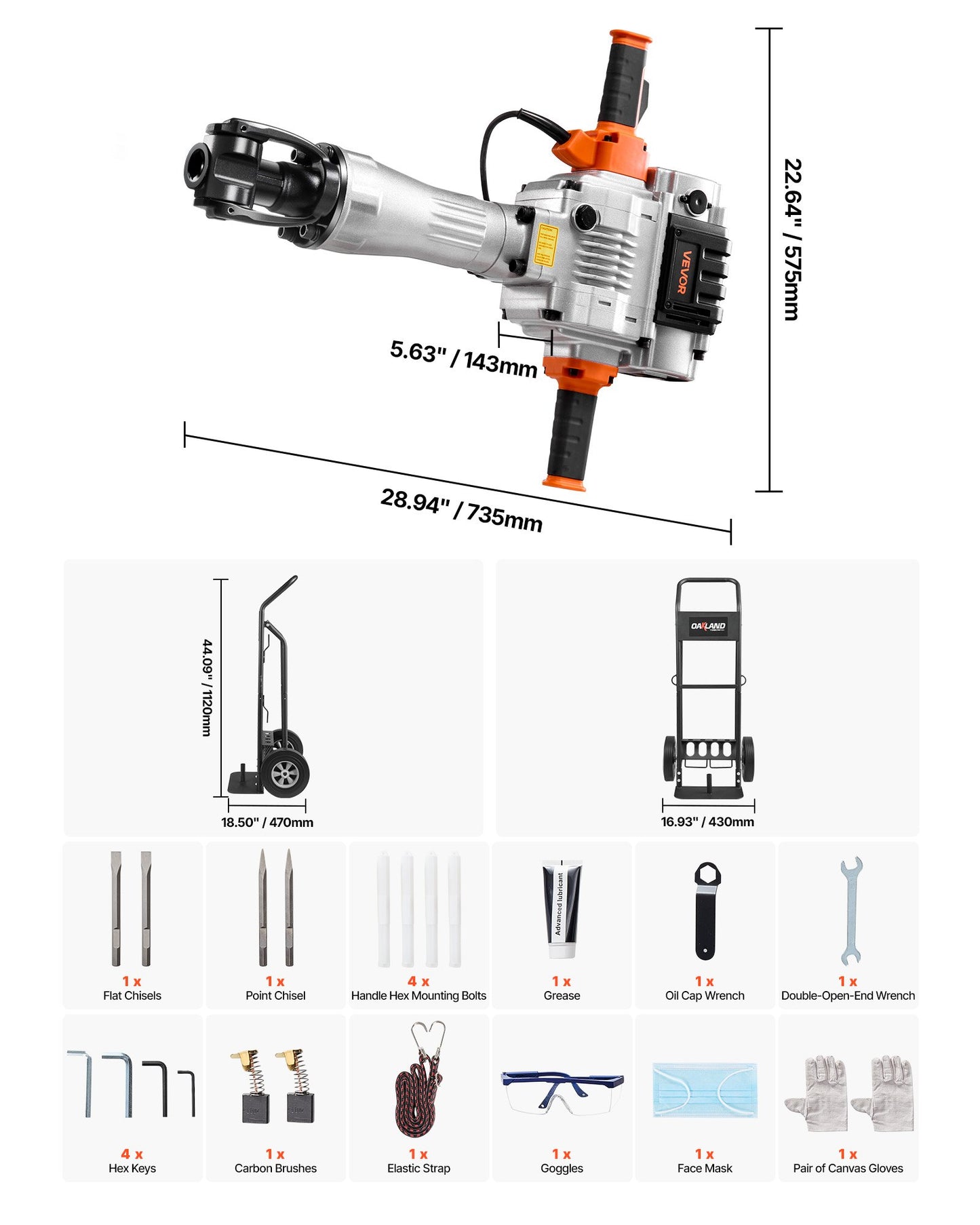 Demolition Jack Hammer, 2100 W Powerful Electric Jackhammer, 1650 BPM Concrete Breaker with 2 Point Chisels, 2 Flat Chisels, Hand Trolley, Gloves, for Concrete, Wall, Brick, Tile and Foundation