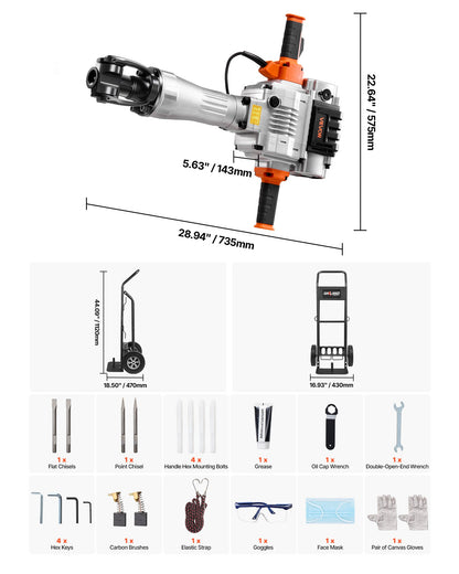 Demolition Jack Hammer, 2100 W Powerful Electric Jackhammer, 1650 BPM Concrete Breaker with 2 Point Chisels, 2 Flat Chisels, Hand Trolley, Gloves, for Concrete, Wall, Brick, Tile and Foundation
