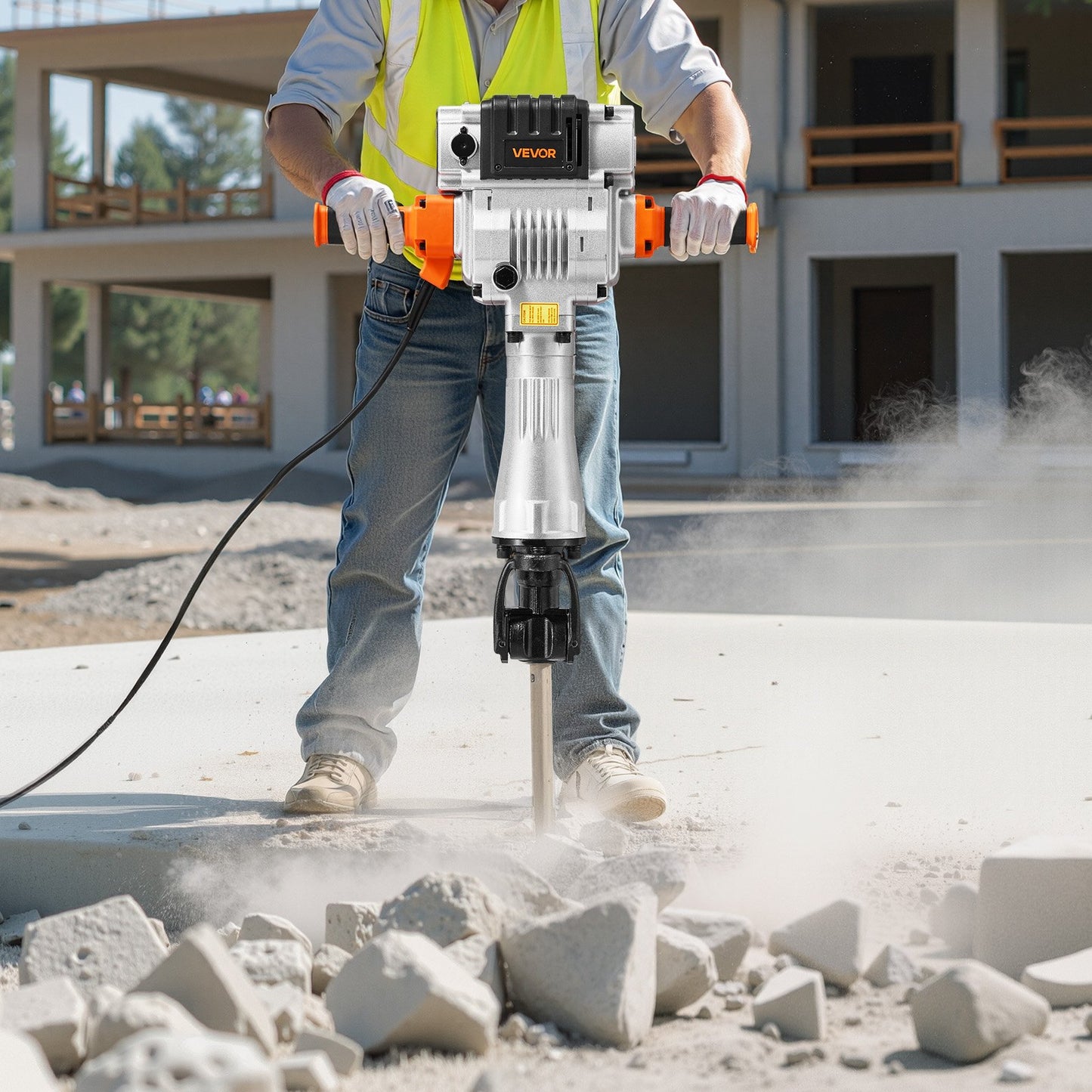 Demolition Jack Hammer, 2100 W Powerful Electric Jackhammer, 1650 BPM Concrete Breaker with 2 Point Chisels, 2 Flat Chisels, Hand Trolley, Gloves, for Concrete, Wall, Brick, Tile and Foundation
