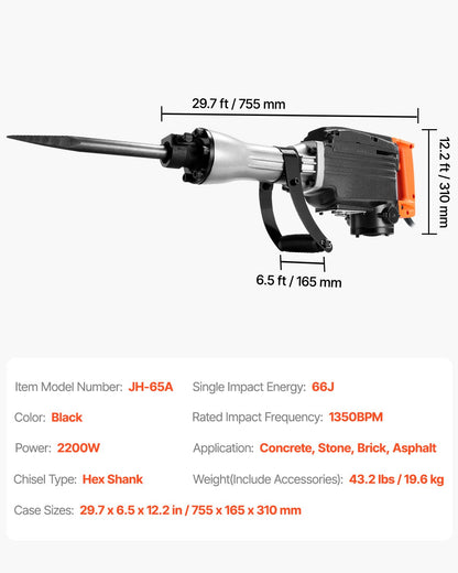 Demolition Jack Hammer, 2200W Electric Jackhammer Heavy Duty, 1350 BPM Concrete Breaker, 2pcs Chisels Bit Chipping with Case, Black