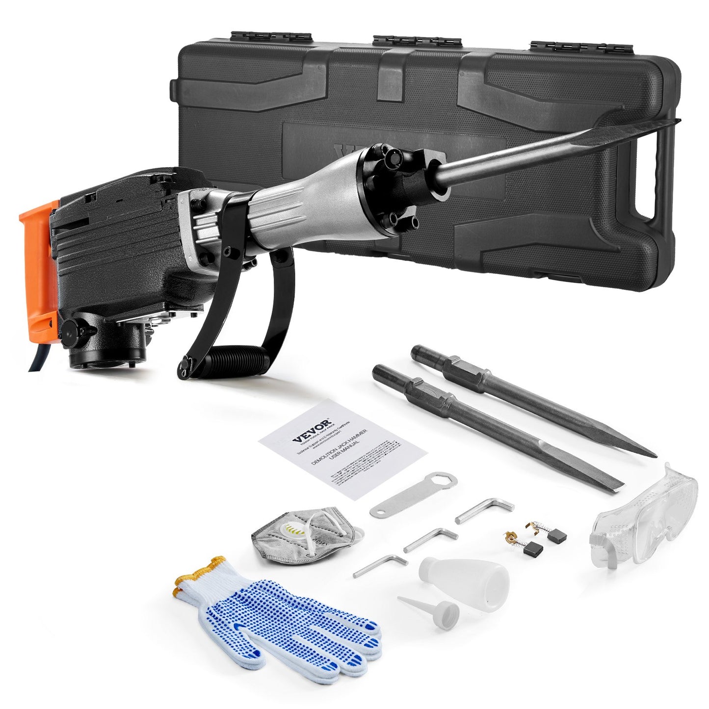 Demolition Jack Hammer, 2200W Electric Jackhammer Heavy Duty, 1350 BPM Concrete Breaker, 2pcs Chisels Bit Chipping with Case, Black