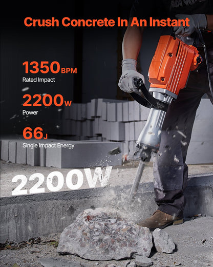 Demolition Jack Hammer, 2200W Electric Jackhammer Heavy Duty, 1350 BPM Concrete Breaker 6pcs Chisels Bit Chipping with Case