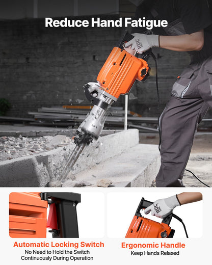 Demolition Jack Hammer, 2200W Electric Jackhammer Heavy Duty, 1350 BPM Concrete Breaker 6pcs Chisels Bit Chipping with Case