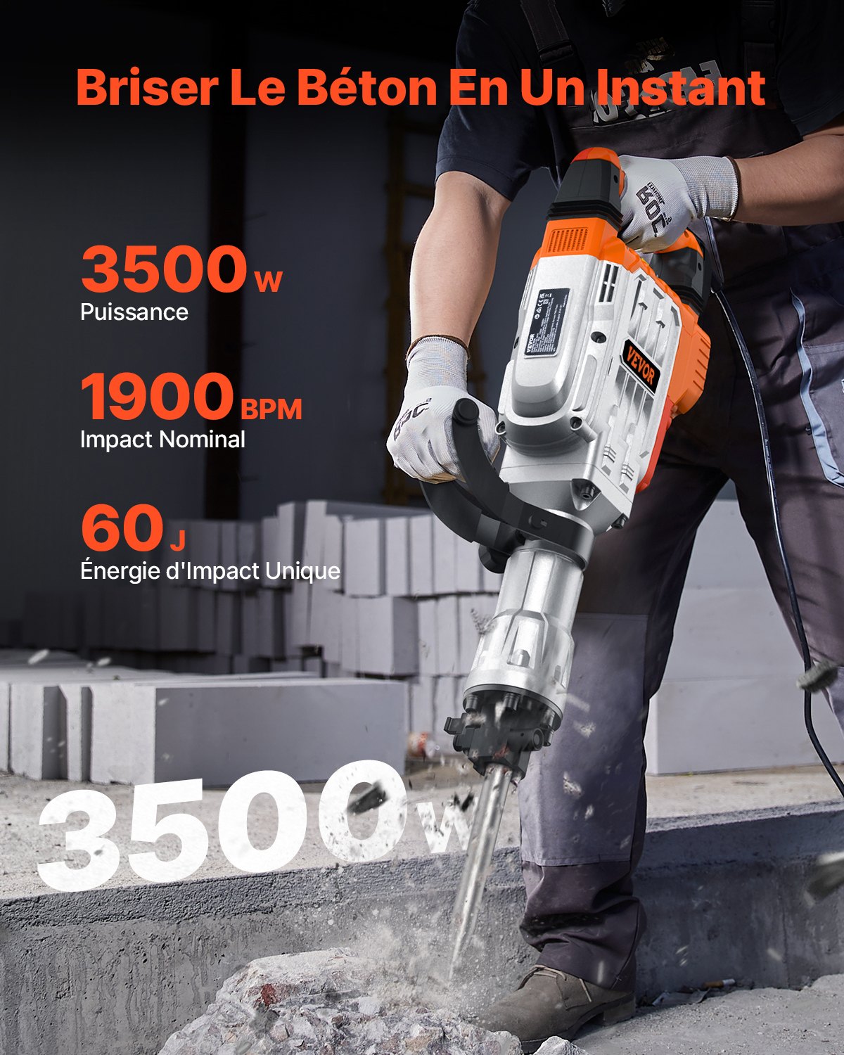 Demolition Jack Hammer, 3500W Jack Hammer Concrete Breaker, 1900 BPM Heavy Duty Electric Jack Hammer, 2pcs Chisel with Gloves & 360°C Swiveling Front Handle for Trenching and Breaking Holes