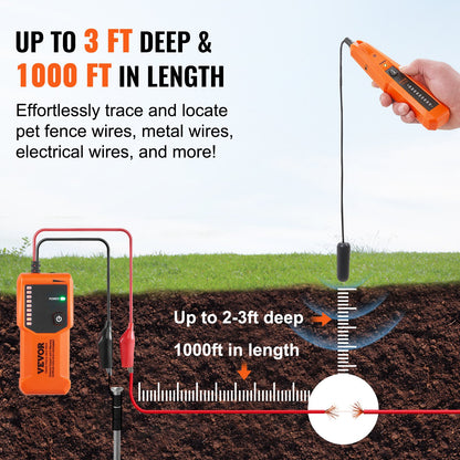 Underground Cable Locator, 3 FT Max. Detection Depth, Wire Tracer Break Detector Finder with Earphone, 1000 FT Max.Detection Length Cable Tester for Pet Fence Buried Sprinkler Valve Irrigation