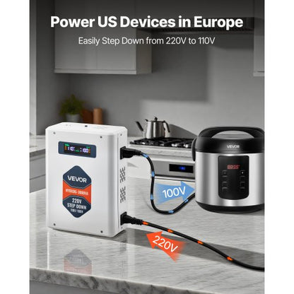 Steg-ned-spänningsomvandlare, 3000VA, Kraftig spänningsomvandlare, 220V till 110V transformator, med 2 US-uttag, USB-utgång, LCD-display, temperaturskydd, för 110V-apparater |  EU