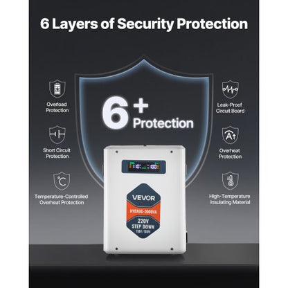 Steg-ned-spänningsomvandlare, 3000VA, Kraftig spänningsomvandlare, 220V till 110V transformator, med 2 US-uttag, USB-utgång, LCD-display, temperaturskydd, för 110V-apparater |  EU