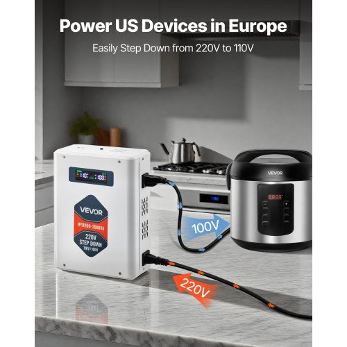 Steg-down spänningsomvandlare, 2000VA, Kraftig spänningsomvandlare, 220V till 110V transformator, med 2 US-uttag, USB-utgång, LCD-display, temperaturskydd, för 110V-apparater |  EU