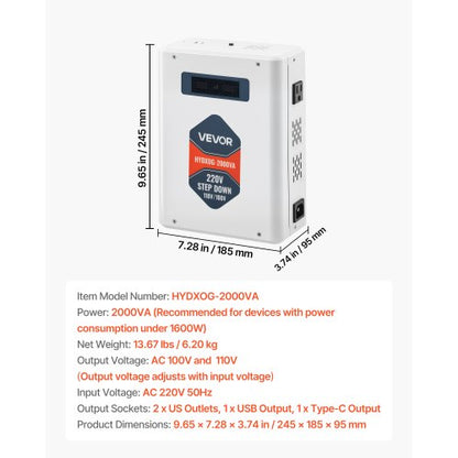 Steg-down spänningsomvandlare, 2000VA, Kraftig spänningsomvandlare, 220V till 110V transformator, med 2 US-uttag, USB-utgång, LCD-display, temperaturskydd, för 110V-apparater |  EU