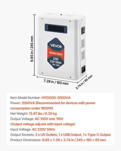 Step Down Voltage Converter, 2000VA, Heavy Duty Voltage Power Converter, 220V to 110V Power Transformer, with 2 US Outlets, USB Output, LCD Display, Temperature Protection, for 110V Appliances