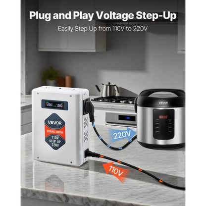 Spänningsomvandlare, 2000VA, Kraftig spänningsomvandlare, 110V till 220V transformator, med 2 EU-uttag, USB-utgång, LCD-display, temperaturskydd, för 220V-apparater |  EU