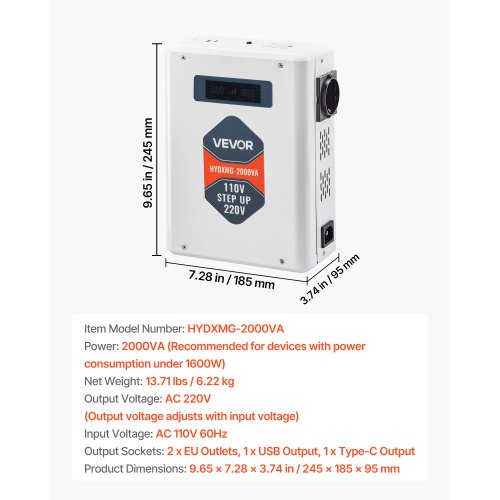 Spänningsomvandlare, 2000VA, Kraftig spänningsomvandlare, 110V till 220V transformator, med 2 EU-uttag, USB-utgång, LCD-display, temperaturskydd, för 220V-apparater |  EU