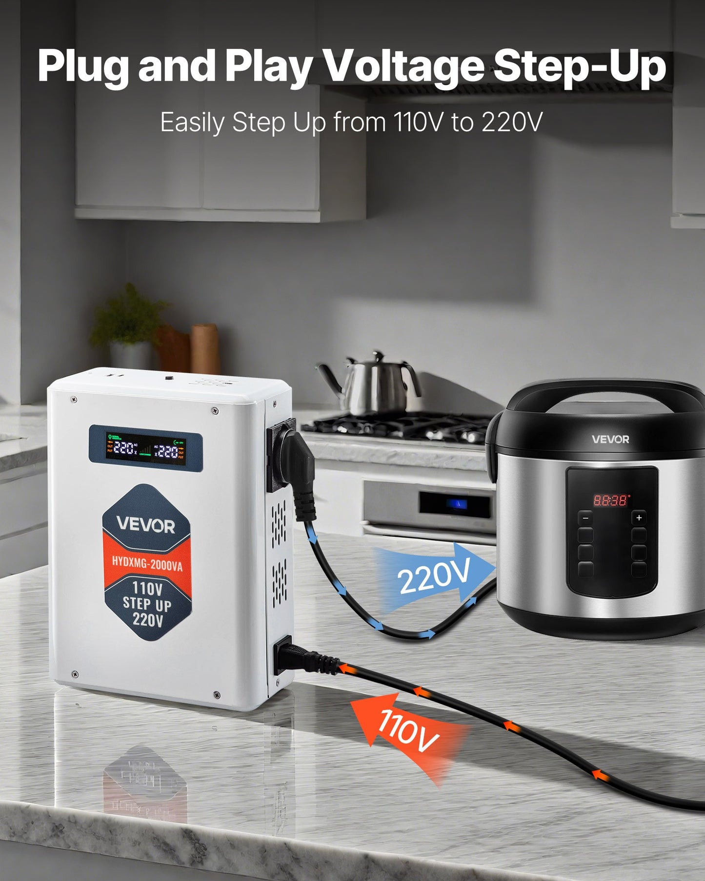 Step Up Voltage Converter, 2000VA, Heavy Duty Voltage Power Converter, 110V to 220V Power Transformer, with 2 EU Outlets, USB Output, LCD Display, Temperature Protection, for 220V Appliances