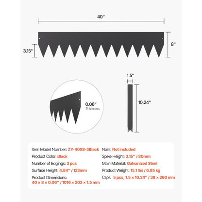 Stålkantlist 3-pack 40 x 8 tum Rostbeständig gångvägsavdelare