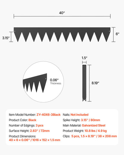 Steel Landscape Edging, 3 Packs 40 x 6 in Rust-Resistant Metal Landscape Edging, Bendable Garden Edging Border, Heavy Duty Lawn Edging, Easy-to-Install, Flower Bed Yard Pathway Divider Black